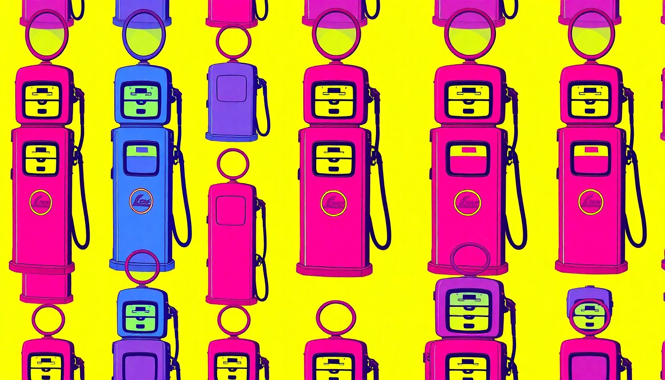 A bold, abstract silkscreen illustration featuring a repeated icon of a vintage gas pump in a grid of neon colors, conceptually representing the redevelopment of a former gas station property.