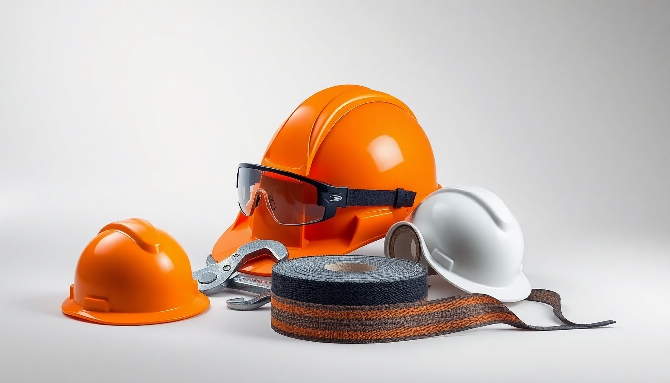 A high-end, photorealistic studio still-life photograph featuring a collection of construction materials and tools, including a hardhat, safety goggles, a wrench, and a roll of asphalt tape, arranged elegantly on a clean, monochromatic background, conceptually representing the precision and expertise of the paving industry.