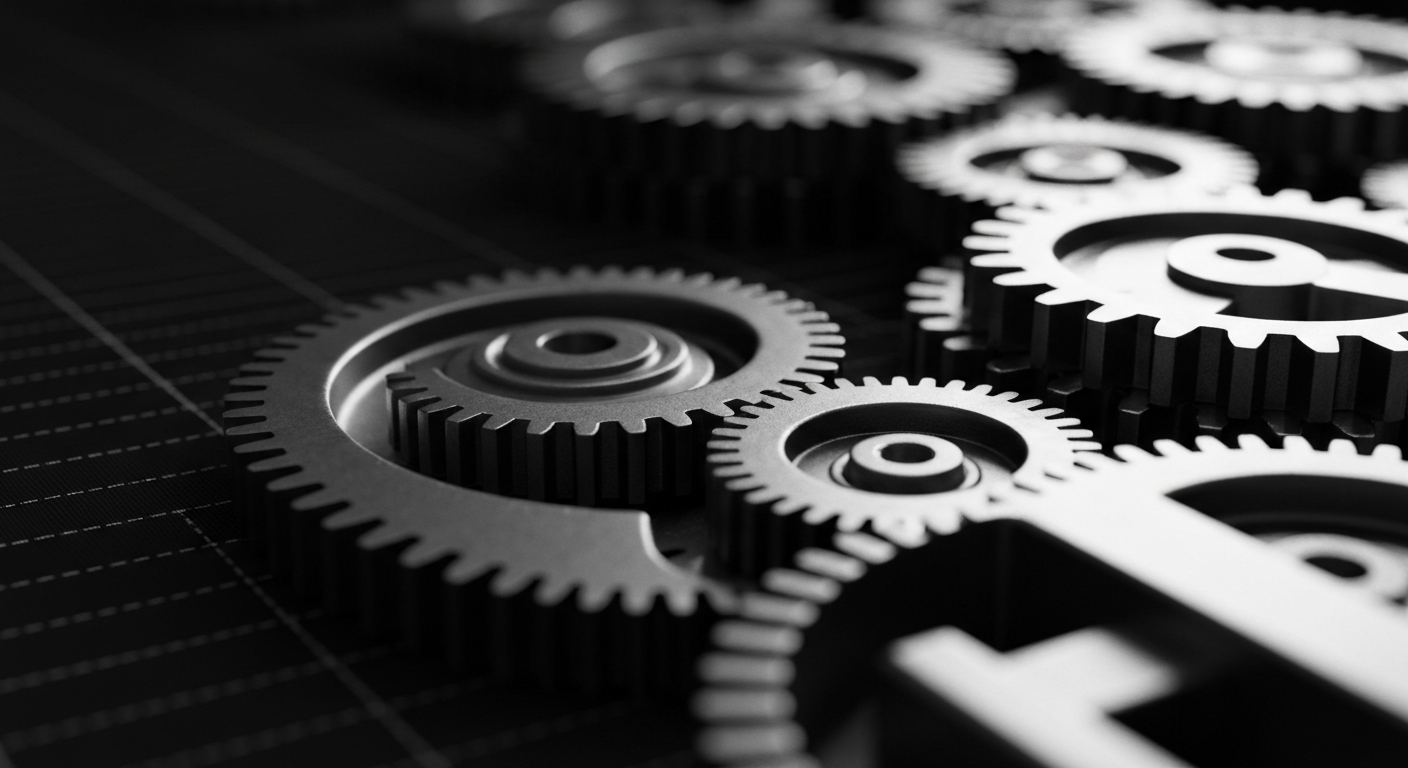 A high-contrast, cinematic close-up of the gears, levers, and mechanisms of a financial trading platform, representing the intricate infrastructure of modern finance.