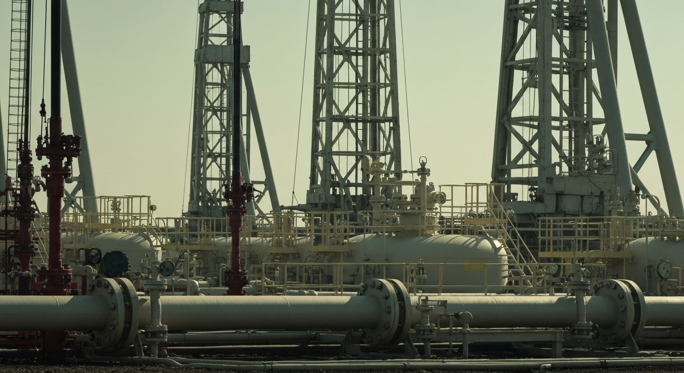 An extreme close-up of industrial oil and gas equipment, such as a valve or pipeline, conveying the tangible, physical nature of the energy industry without using any text or identifiable branding.