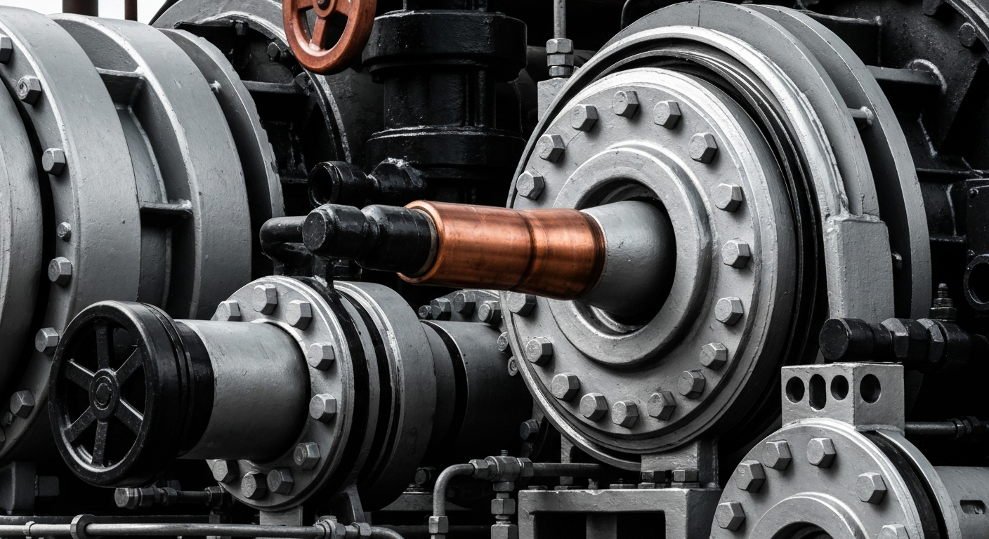 An extreme close-up of the intricate gears, valves, and hydraulic components that make up an industrial natural gas compression unit, conveying the complex machinery that enables energy production.