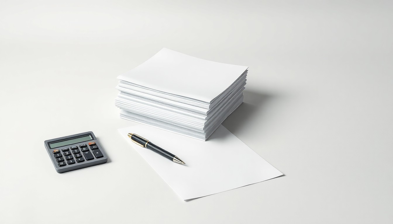 A photorealistic studio still life featuring a stack of business documents, a calculator, and a pen arranged on a clean, monochromatic background, symbolizing the abstract concepts of corporate finance and payroll services.