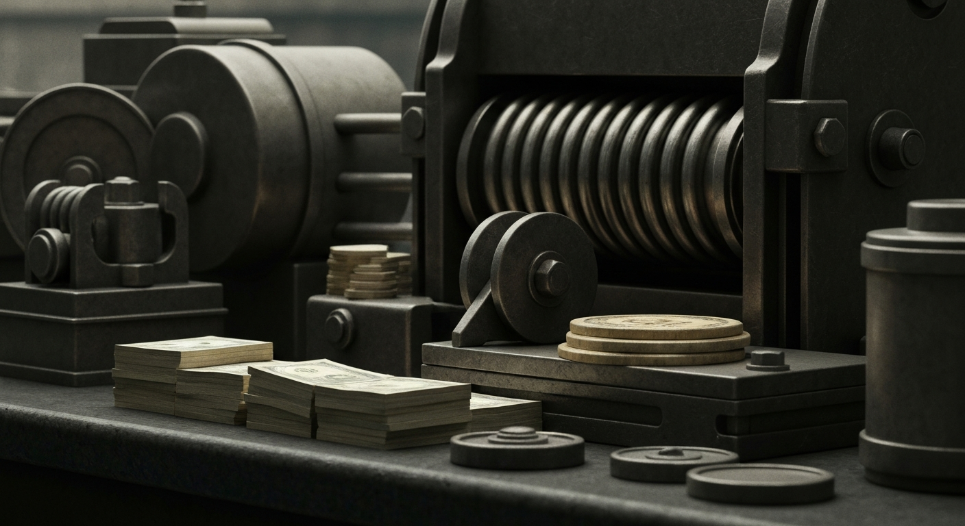 An extreme close-up of intricate gears, levers, and metal components of a large banking machine, conveying the complex infrastructure and security of the financial industry.