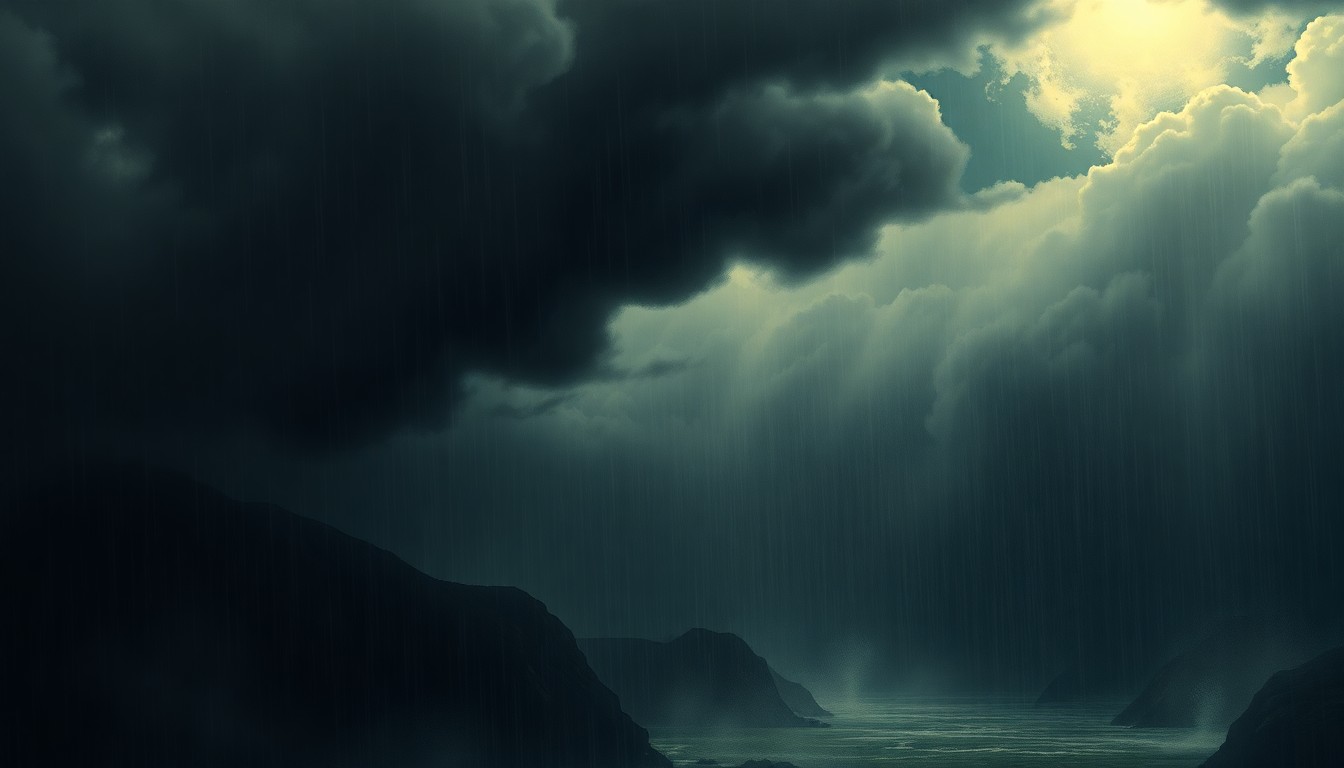 A sweeping, atmospheric landscape painting in muted tones of gray, blue, and green, depicting a vast, stormy sky with heavy rain obscuring the horizon. In the foreground, the outlines of buildings and infrastructure are barely visible, dwarfed by the overwhelming scale of the natural elements.