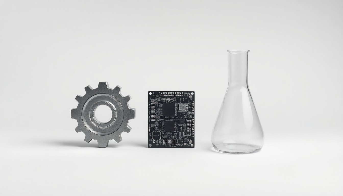 A photorealistic studio still life featuring polished metal, glass, and circuit board components arranged in a clean, elegant composition, symbolizing the abstract concepts of technology, innovation, and market competition.