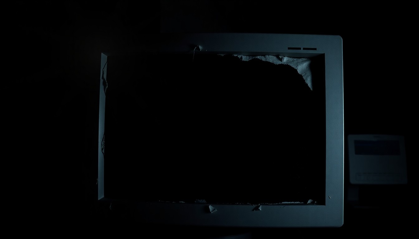 An extreme close-up of a damaged hospital computer monitor or network equipment, the harsh flash illuminating the gritty, textured surface and conveying a sense of the disruption caused by the cyberattack.