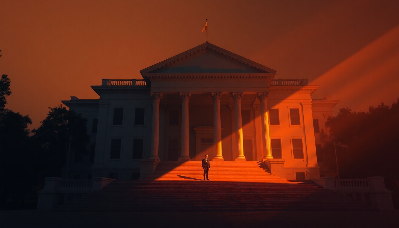 A cinematic painting of the South Carolina State House in warm, golden light, with a lone figure standing on the steps, conveying a sense of political power and influence.