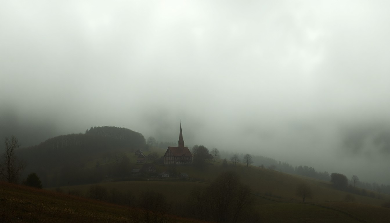 A sweeping, atmospheric landscape painting in muted tones of gray, blue, and green, depicting a small rural community nestled among rolling hills shrouded in fog, conveying a sense of the overwhelming power of nature and the modest scale of human structures within it.