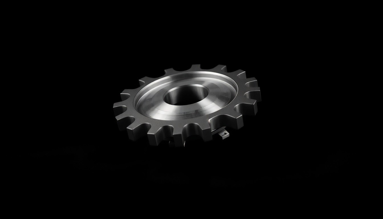 A high-end, photorealistic studio still-life photograph featuring a polished, chrome-plated gear or cog floating on a clean, matte black background, dramatically lit from the side to highlight the premium, industrial materials.