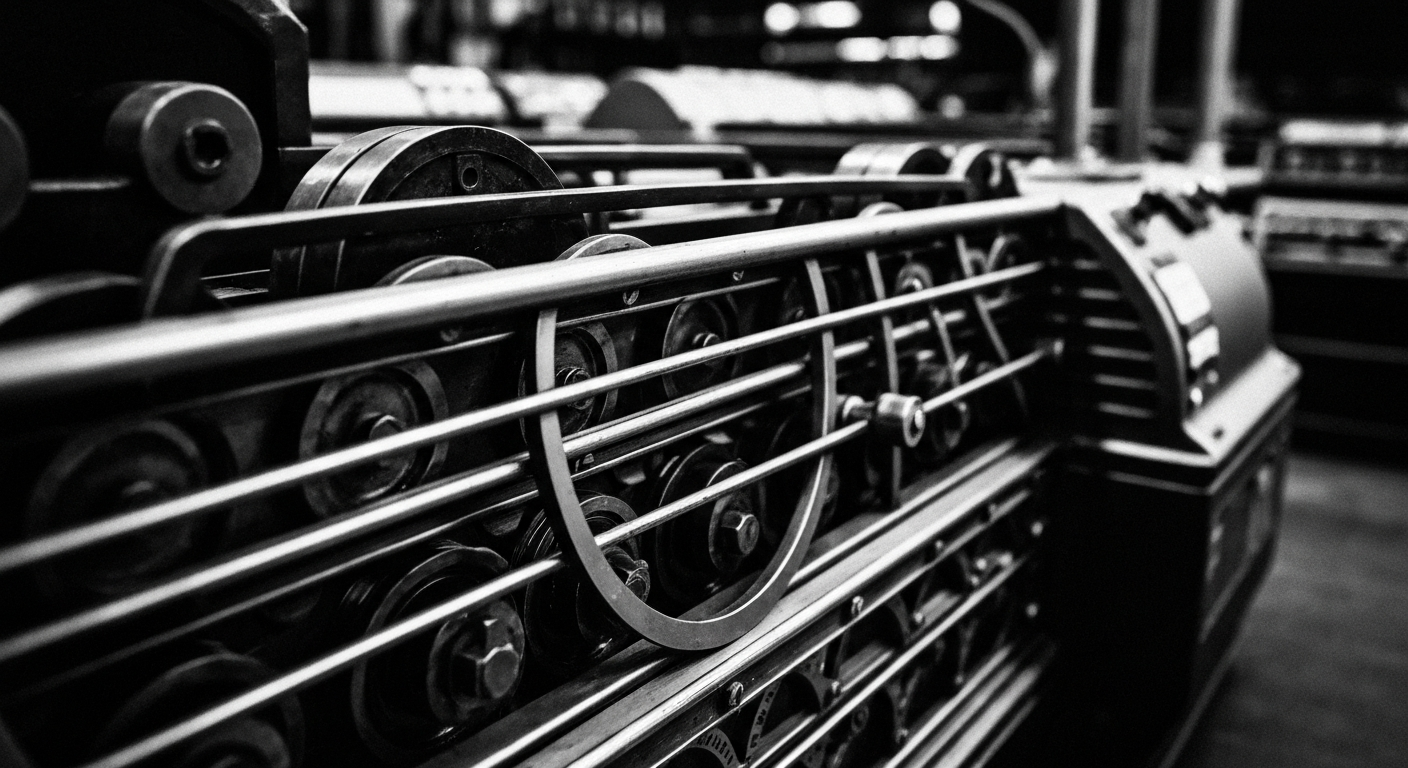 A close-up view of intricate, high-contrast financial machinery and banking equipment, representing the complex, powerful, and tangible nature of modern finance without using literal currency or charts.