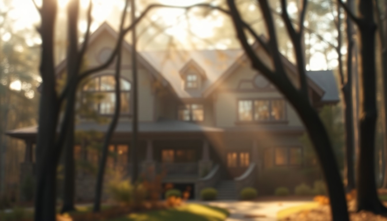 An extremely abstracted, out-of-focus photograph shot through condensation or rain-streaked glass, composed of soft pools of warm, earthy color and light, conceptually representing the tranquil, wooded setting of a luxury Craftsman-style home.