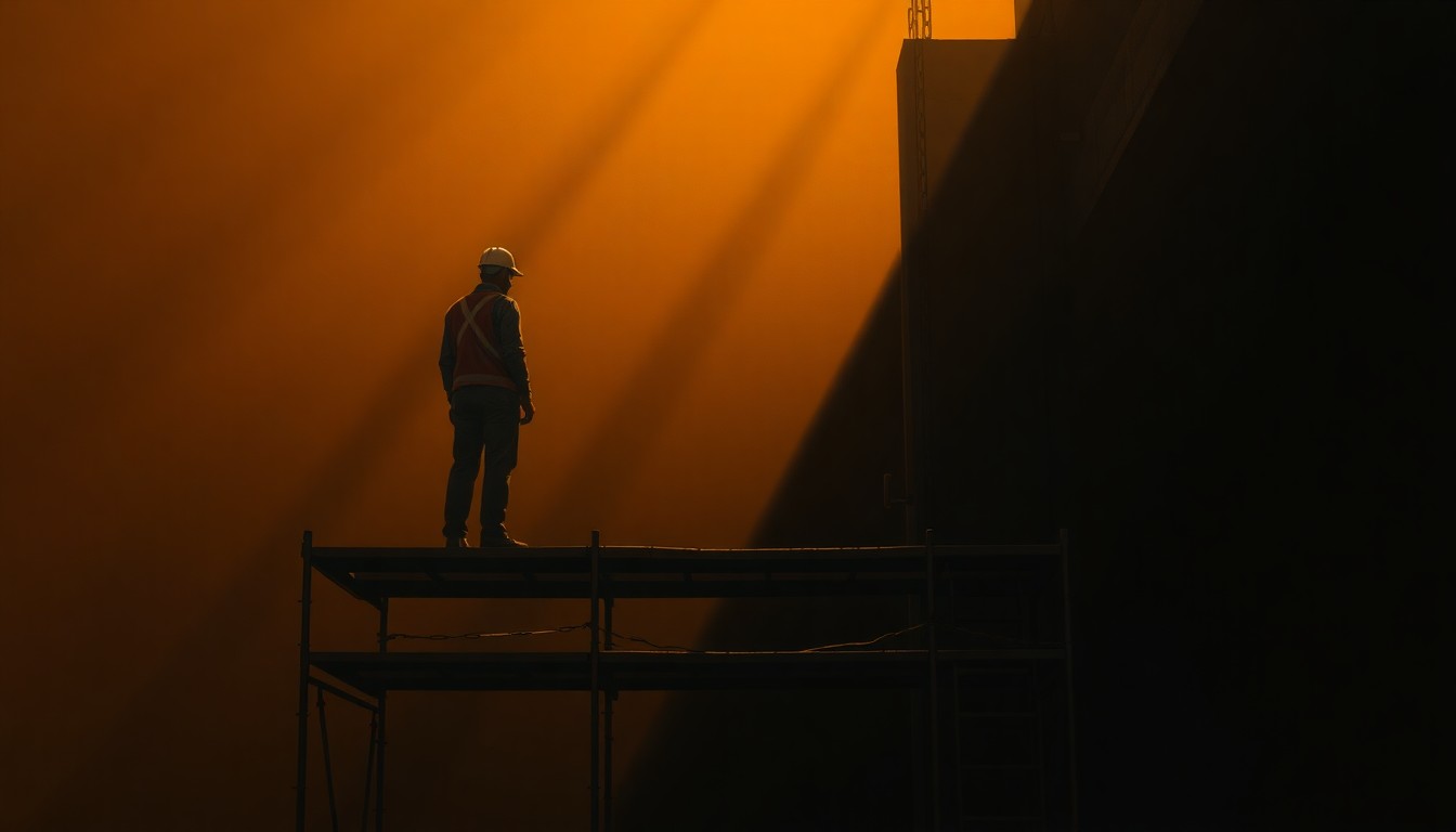 A solitary construction worker standing on a partially built scaffolding, the scene bathed in warm, cinematic lighting and deep shadows, conceptually representing the oversight challenges around prevailing wage compliance on public works projects.