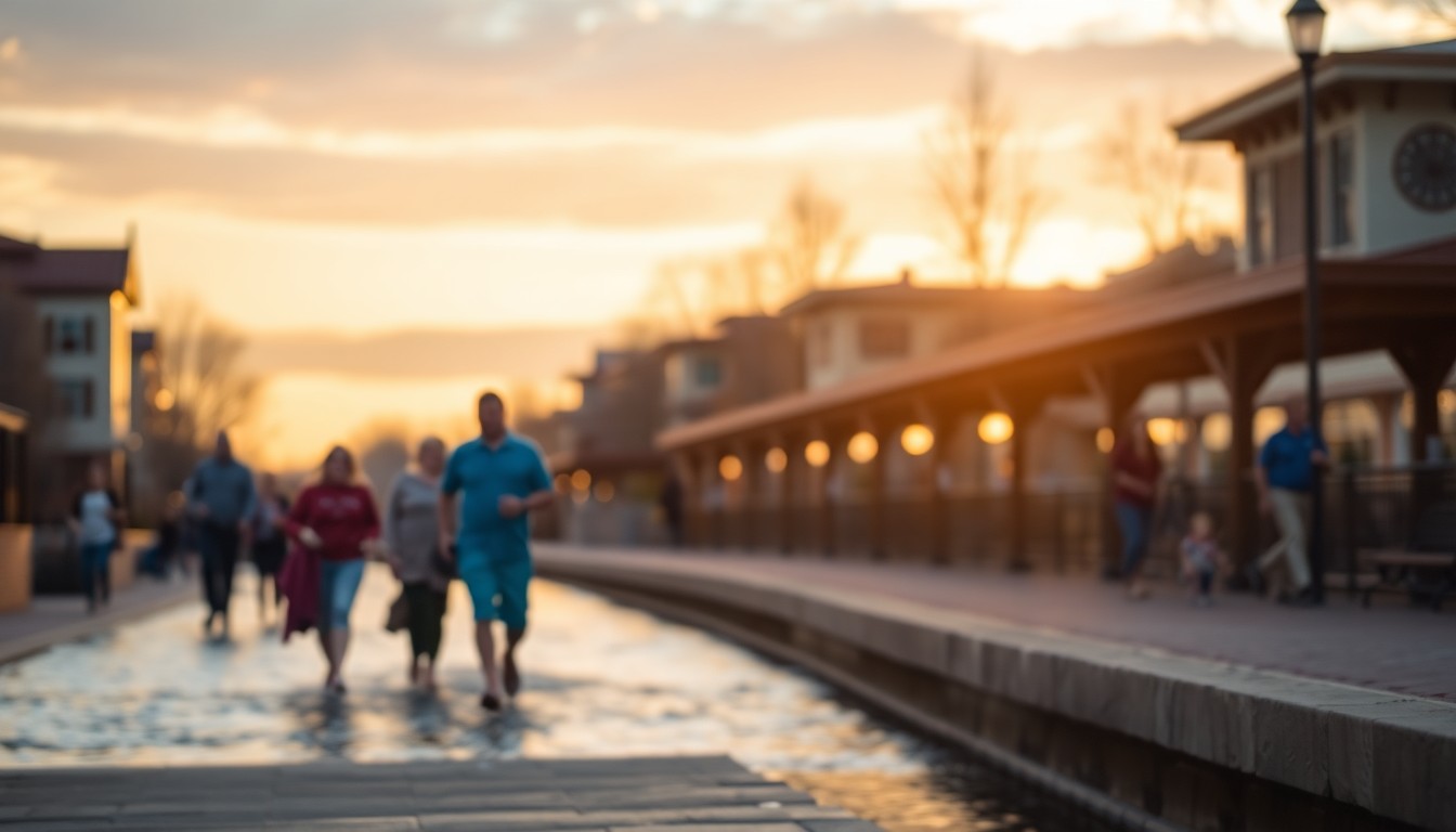 An abstract, impressionistic scene of blurred, colorful shapes and light, evoking the lively atmosphere of people enjoying the Historic Arkansas Riverwalk in Pueblo.