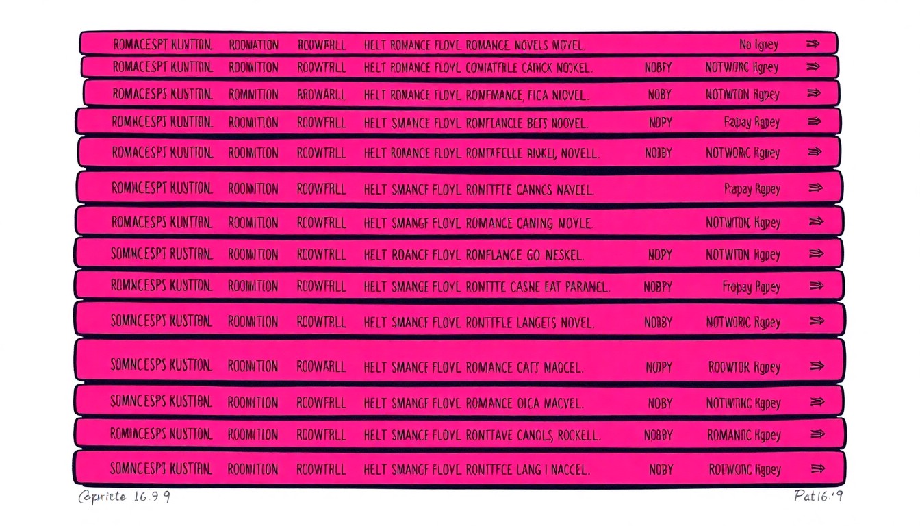 A vibrant, pop art-inspired grid of stylized romance novel covers in shades of pink, red, and purple, conceptually representing the celebration of local literary talent.