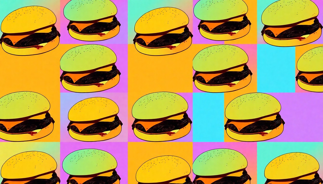 A brightly colored, high-contrast silkscreen print of a Minneapolis Juicy Lucy burger repeated in a tight grid pattern, capturing the city's iconic food culture in a modern pop art style.