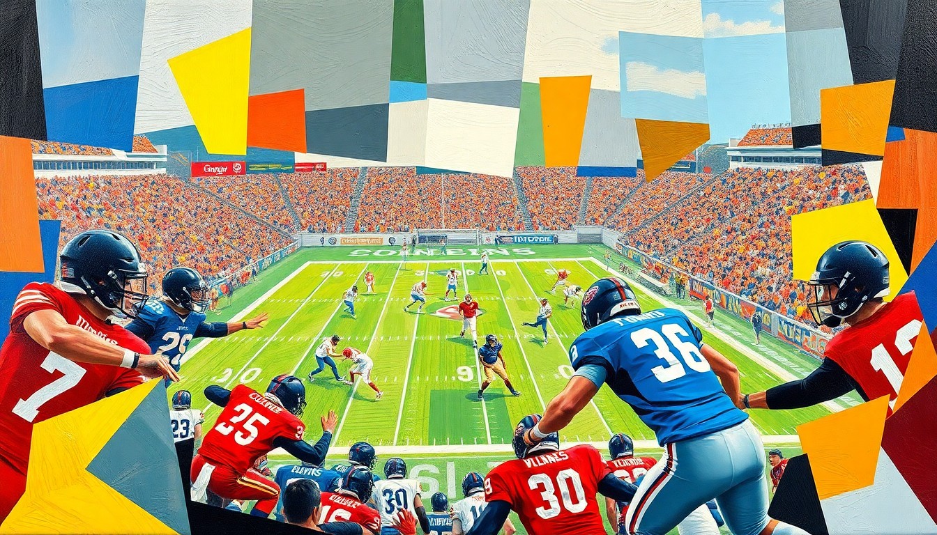 A fragmented, geometric painting depicting the dynamic motion and energy of a college football game, with players' forms broken down into sharp, overlapping shapes and planes of color.