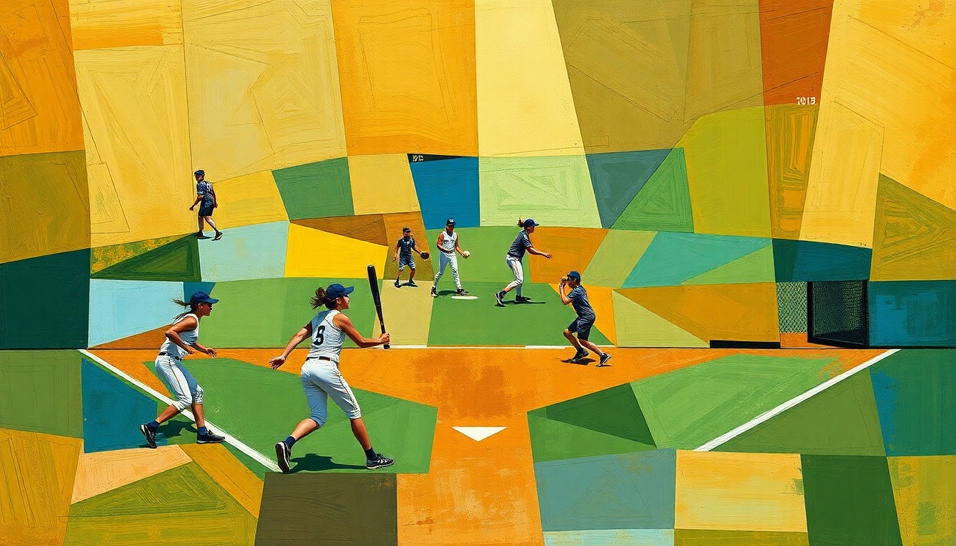 A fractured, geometric painting depicting a girls softball game, with the players and field deconstructed into sharp, overlapping planes of color in an abstract, cubist style.