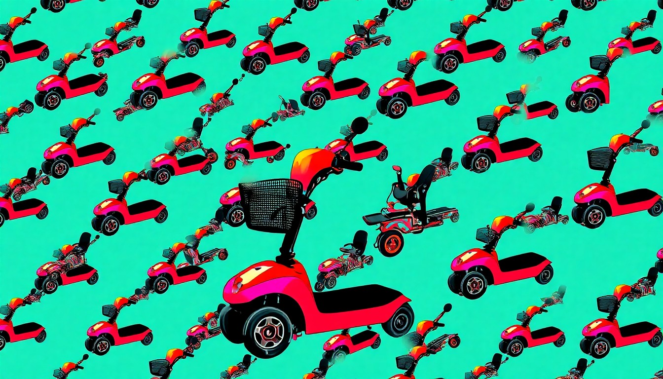 A bold, colorful silkscreen print featuring multiple images of a senior citizen's mobility scooter, rendered in a vibrant, high-contrast pop art style that conceptually represents the need for enhanced safety measures in senior living communities.