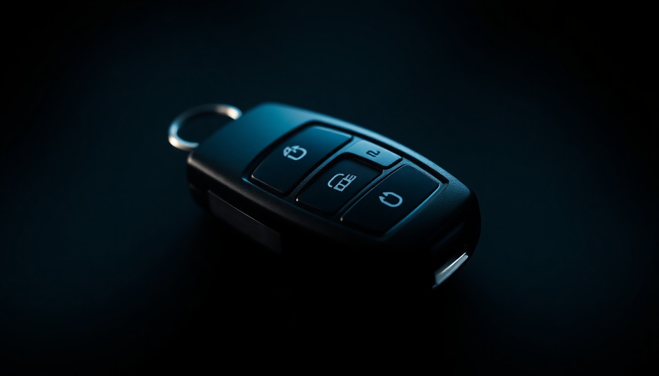 An extreme close-up photograph of a car key fob against a pitch-black background, lit by a harsh, direct camera flash, conceptually illustrating the dangers of drunk driving.