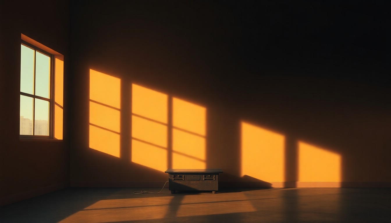 A dimly lit, cinematic painting of an empty city street corner, with a lone streetlight casting warm, diagonal shadows across the pavement, conceptually representing the political backdrop of Wyandotte, Michigan.