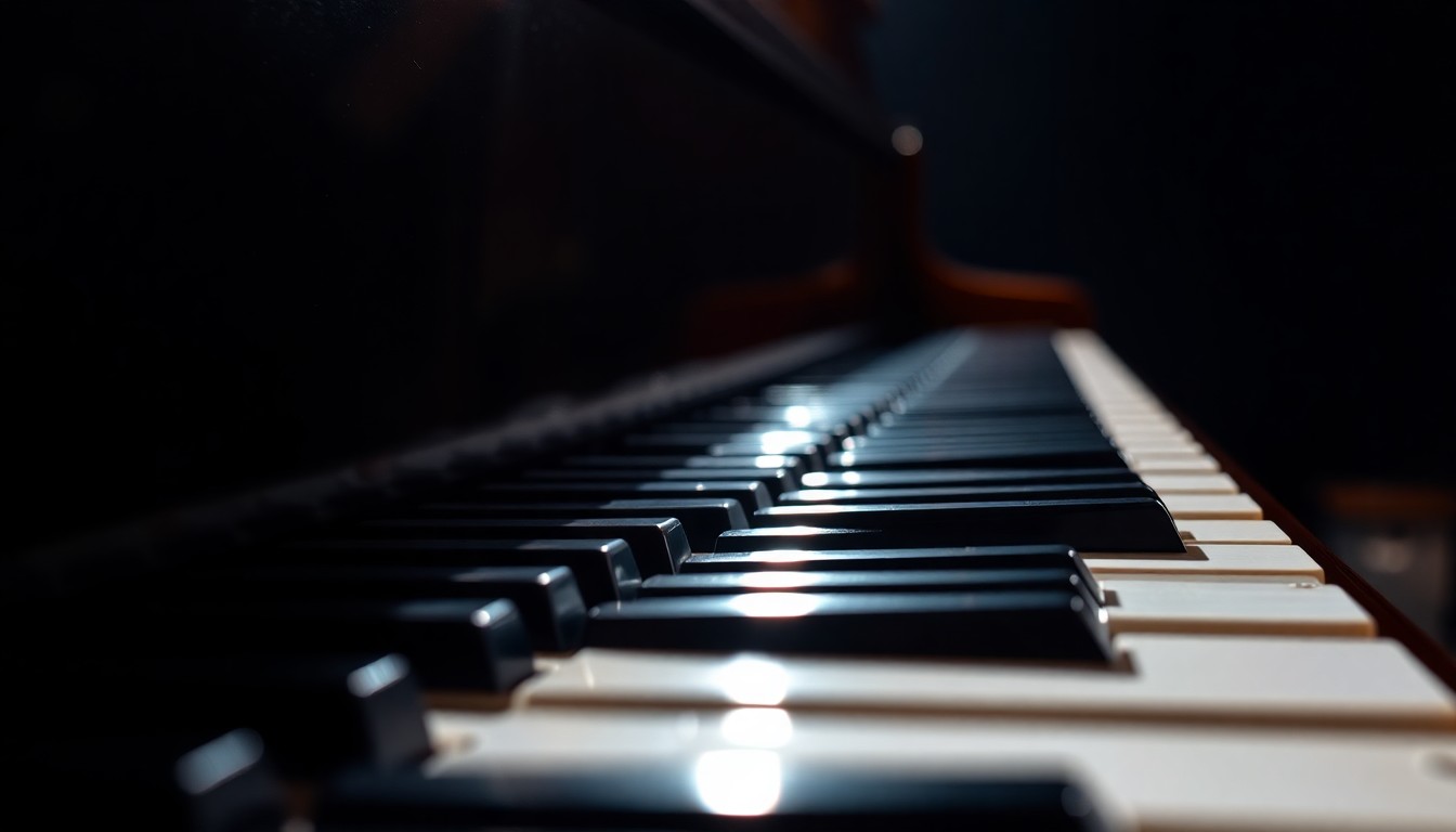 An extreme close-up photograph of a shiny, reflective piano key in dramatic studio lighting, conceptually representing the luxurious, high-end glamour of a Sinatra-era musical performance.