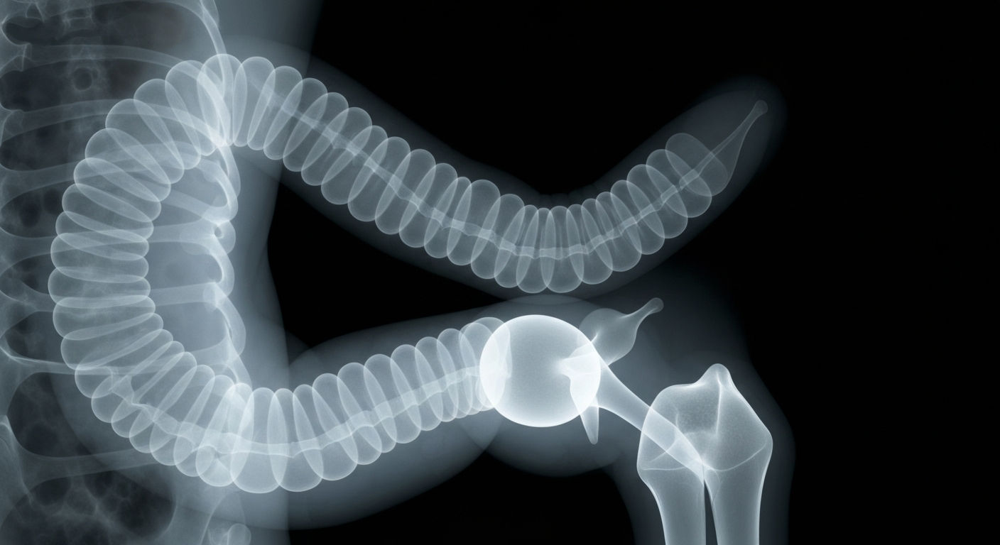 A ghostly, X-ray-like image showing the intricate internal structure of a human colon, rendered in glowing lines against a dark background. The conceptual illustration captures the clinical nature of colon cancer in a serene, hopeful manner.