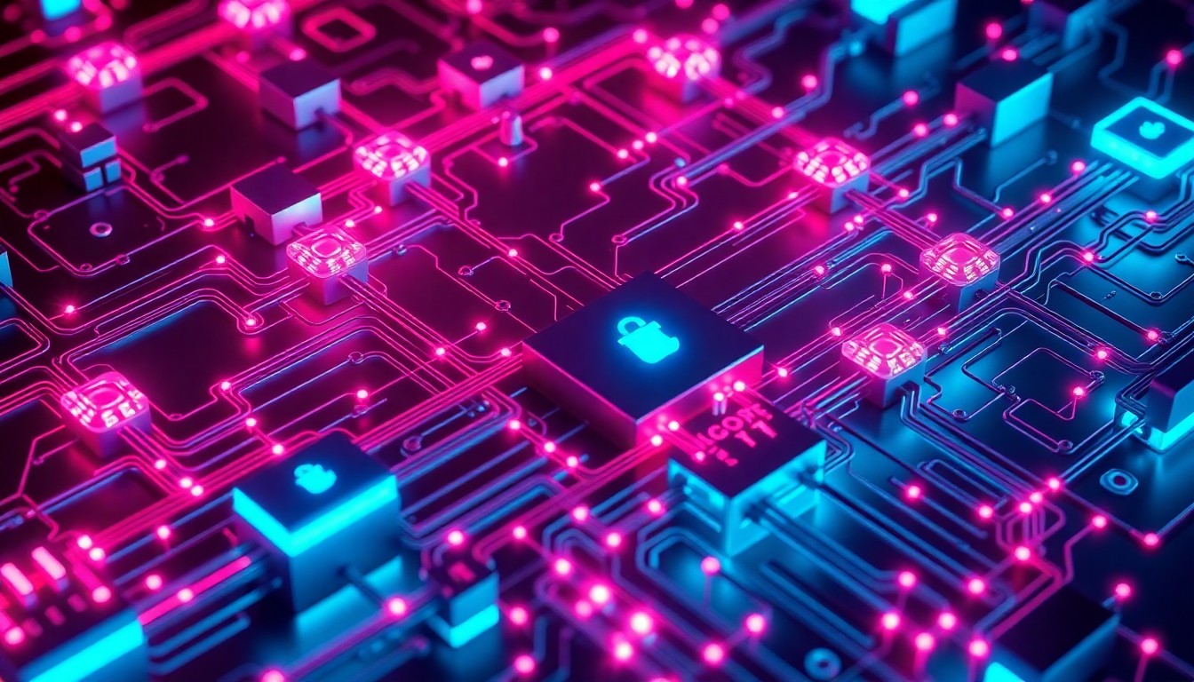 A highly detailed, glowing 3D illustration of a complex network of interconnected cybersecurity infrastructure, with neon cyan and magenta lights illuminating the various components, conceptually representing the cybersecurity challenges posed by advanced AI models.