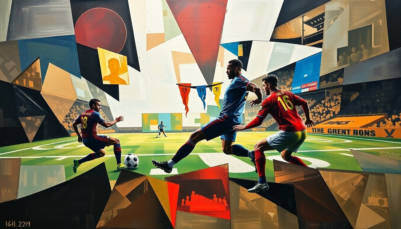 A fractured, multi-perspective painting in bold, geometric shapes and planes, depicting the dynamic movements and energy of a college football player in action, without any recognizable faces or logos.