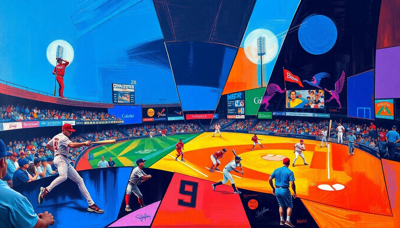A cubist, geometric painting depicting fragmented baseball players and equipment in a dynamic, overlapping composition using bold, saturated colors.