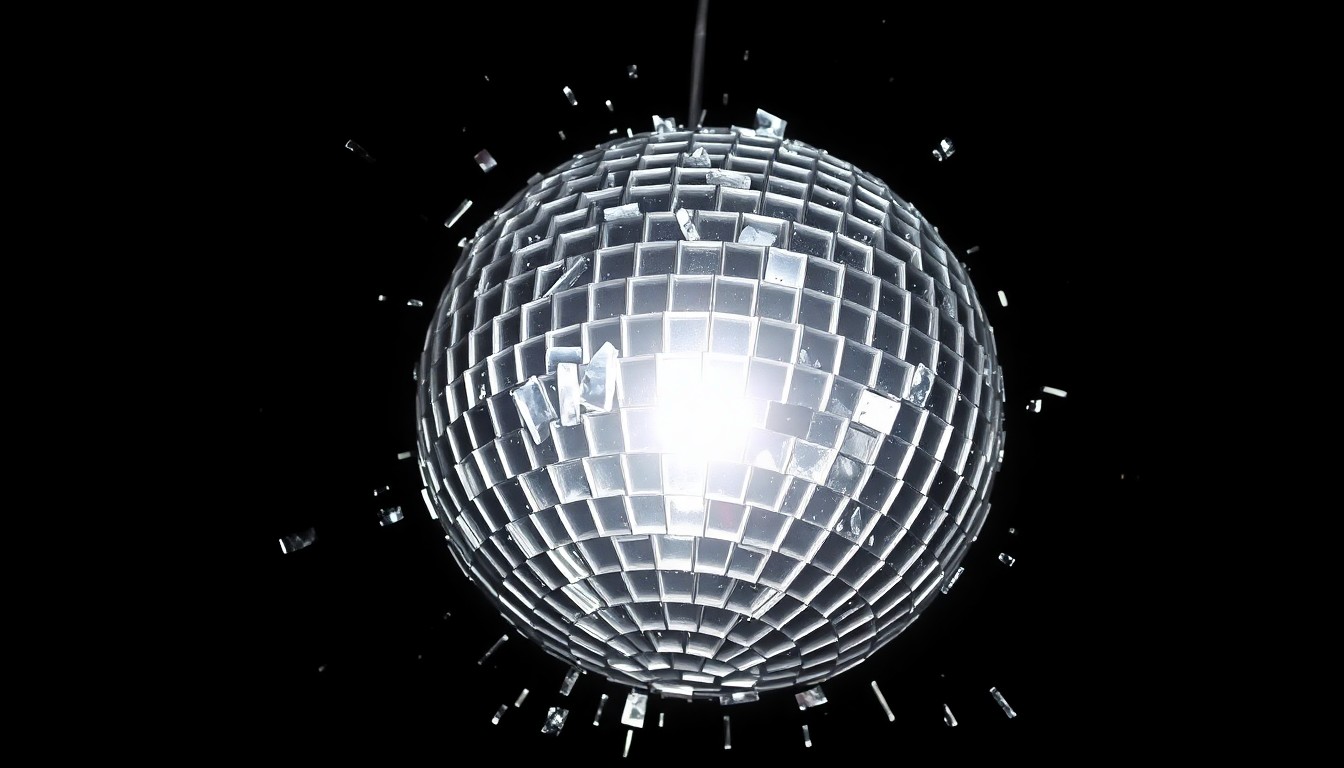 An extreme close-up photograph of a shattered disco ball, with the jagged, glittering shards of glass reflecting dramatic beams of light, conceptually representing the enduring creative connections between the former Beatles members.