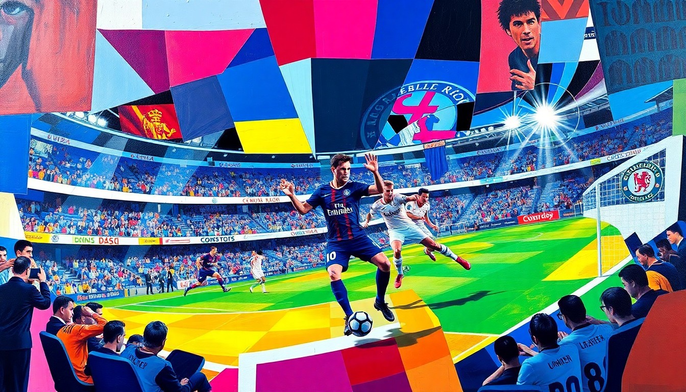 A cubist-style painting depicting a soccer match or competition, with the players and field broken down into sharp, overlapping geometric shapes and planes in vibrant blues, reds, and whites, representing the uncertainty surrounding Enzo Fernández's future at Chelsea.