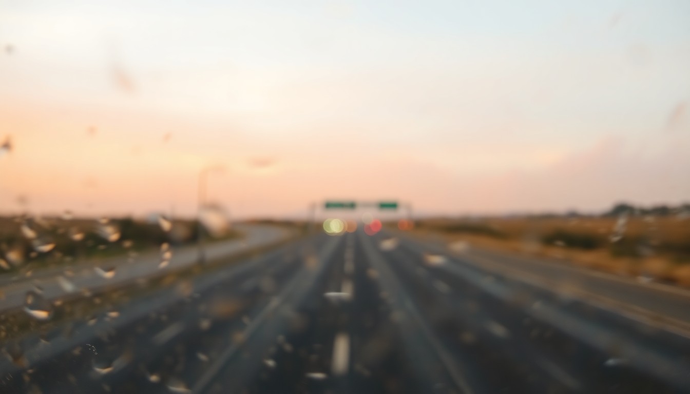 An impressionistic, out-of-focus photograph depicting a hazy, dreamlike highway landscape in warm, earthy tones, conveying a sense of neglect and environmental degradation.