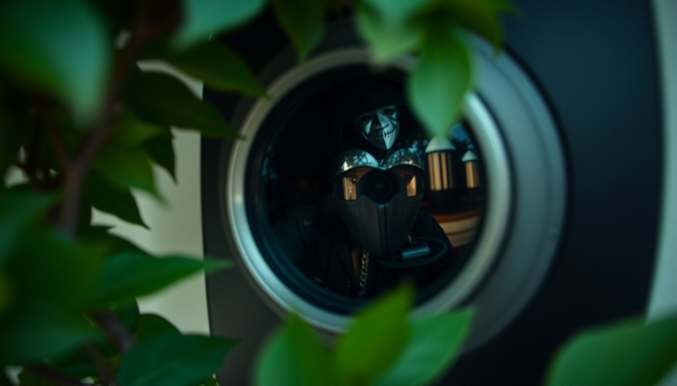 An extreme close-up photograph of a doorbell camera lens, partially obscured by foliage, with a faint reflection of a masked figure in the glass, conceptually illustrating the mysterious circumstances surrounding the disappearance.