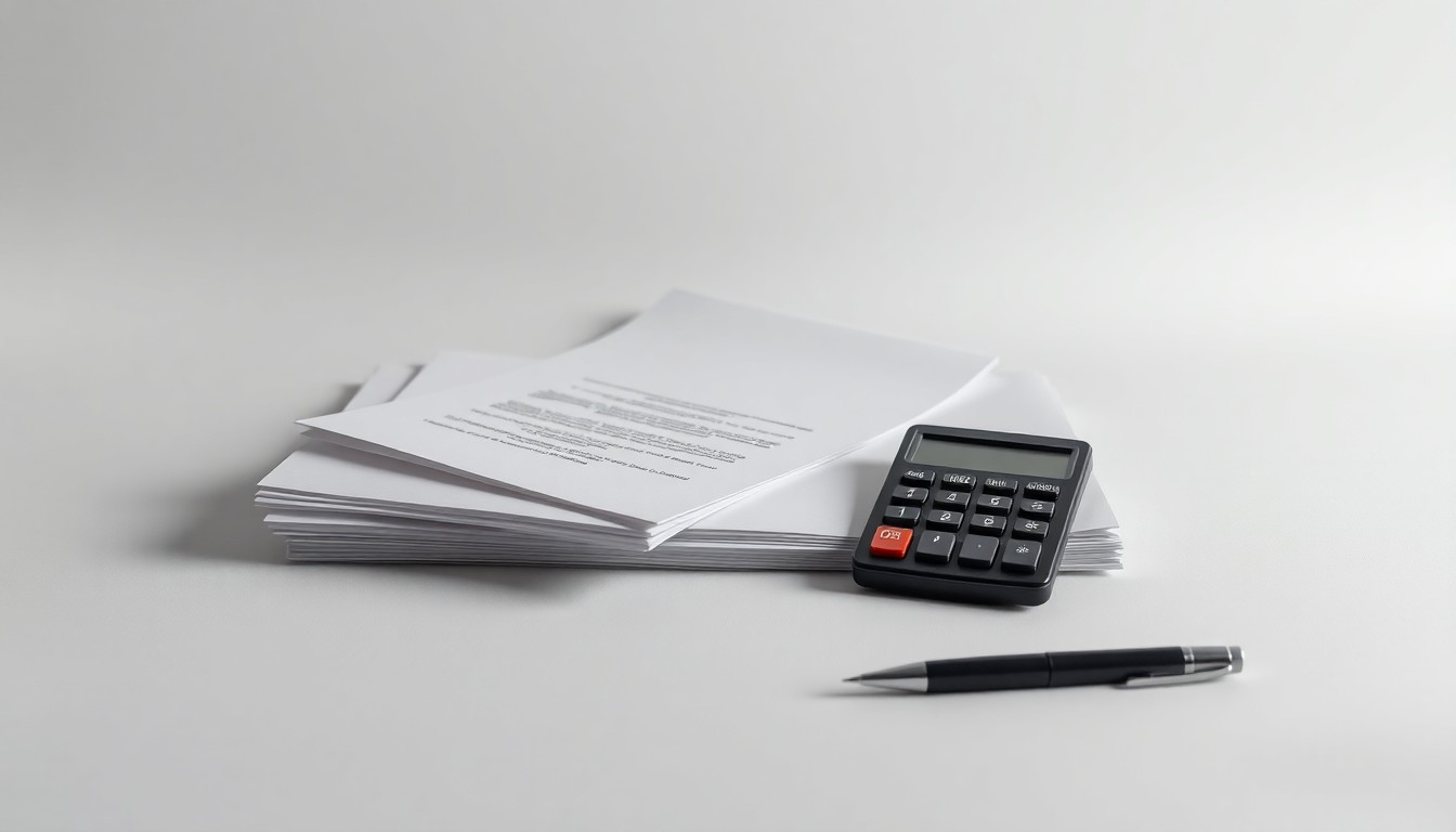 A high-end, photorealistic studio still-life photograph featuring a stack of financial documents, a calculator, and a pen arranged elegantly on a clean, monochromatic background, conceptually representing the abstract corporate strategy and financial risks at the heart of the ADMA Biologics investigation.
