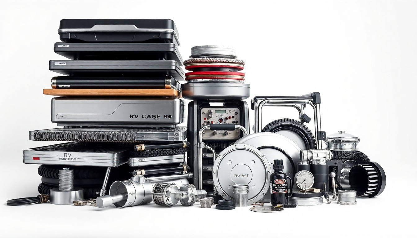 A high-end studio still life photograph featuring a stack of neatly organized RV parts and accessories arranged on a clean, white background, using dramatic lighting and shadows to represent the complex logistics of inventory management in the RV retail industry.