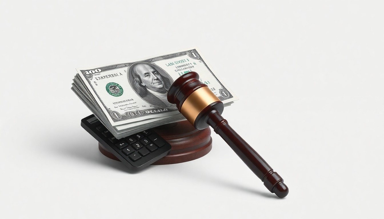 A photorealistic studio still life featuring a stack of dollar bills, a calculator, and a gavel floating on a clean, minimalist background, conceptually representing the corporate finance and strategy issues at the heart of the Mister Car Wash shareholder dispute.