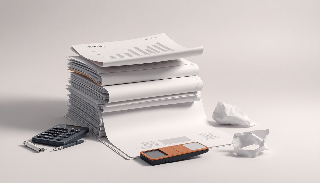 A minimalist studio still life photograph featuring a stack of financial reports, a broken calculator, and a crumpled piece of paper, symbolizing the accounting errors and internal control failures at the heart of the Driven Brands securities fraud case.
