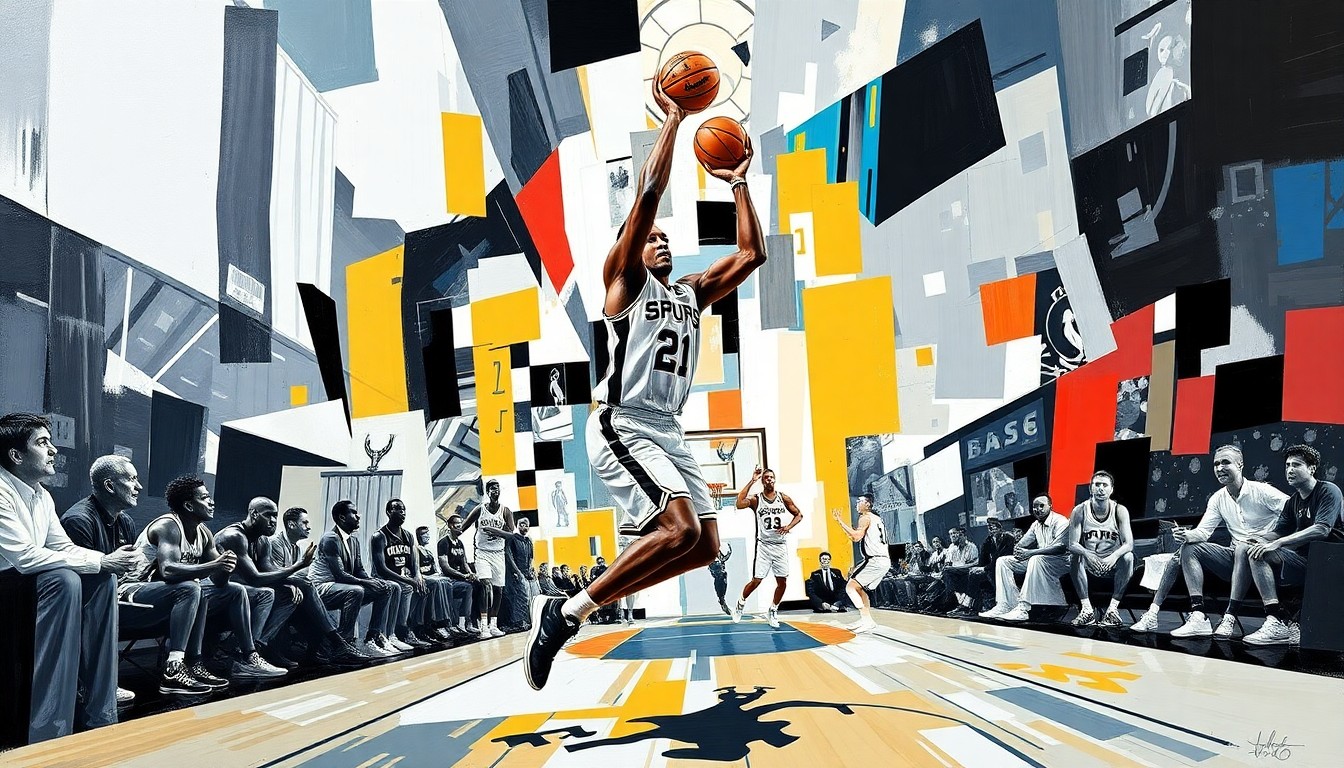 A fragmented, geometric painting depicting a basketball game in motion, with the player's movements and the court itself broken down into sharp, overlapping planes of vibrant silver, black, and white colors, conveying the multifaceted nature of Wembanyama's game.
