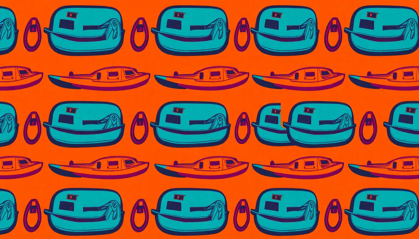 A boldly colored, abstract grid pattern of a stylized canal boat icon in shades of neon blue, green, and orange, conceptually representing the community-driven preservation work at the Wabash & Erie Canal Park.