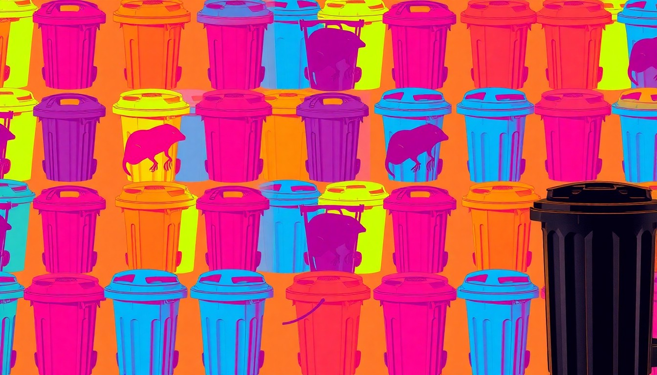 A brightly colored, high-contrast silkscreen print of a single, iconic urban waste management object such as a trash can or dumpster, repeated in a tight grid pattern to conceptually represent the systemic nature of Carlisle's rat infestation problem.