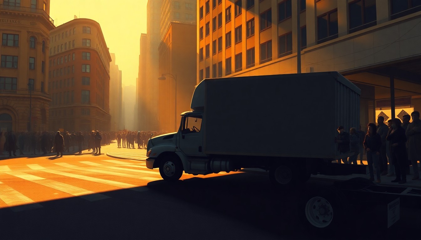 A cinematic painting depicting a solitary truck on a city street, with a group of protesters in the background, all bathed in warm, diagonal sunlight and deep shadows, conceptually illustrating the tension between public safety and the right to protest.