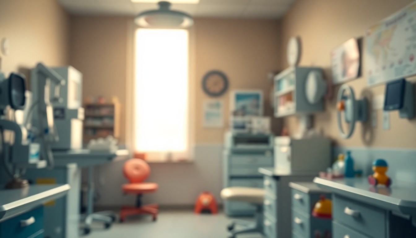 A serene, out-of-focus scene of a pediatrician's office, with blurred medical equipment and toys in the foreground and a warm, inviting glow in the background, conveying a sense of tranquility and professionalism.