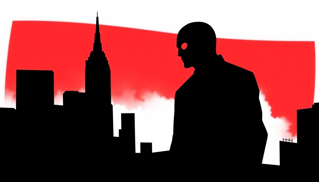 An abstract, minimalist illustration featuring a stark black silhouette of the Watcher character's distinctive head and eyes, set against a high-contrast background of bold red and white geometric shapes, conceptually representing the hidden Marvel Easter egg discovered in the latest episode of Daredevil: Born Again.