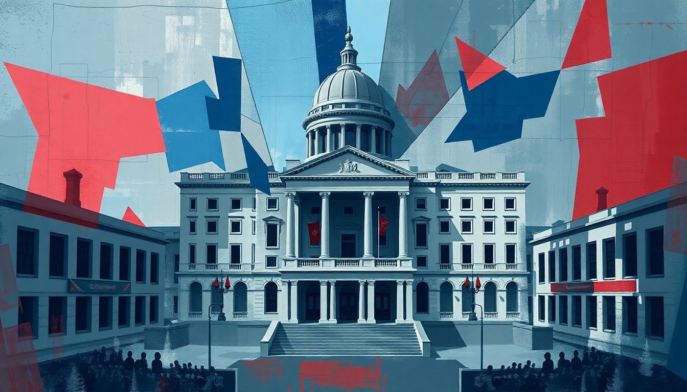 A fragmented, abstract painting in shades of blue, grey, and red depicting the outline of a government building or legislative chamber, conveying a sense of disruption and change in the political landscape.