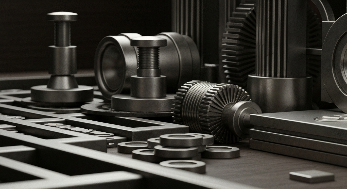 An extreme close-up of intricate gears, levers, and other industrial banking equipment, conveying the complex and opaque nature of alternative investments like private equity and cryptocurrency.