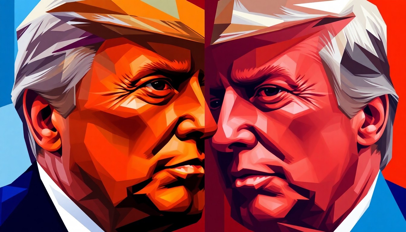 A vibrant, abstract painting featuring overlapping, fragmented geometric shapes in clashing colors, conceptually representing the heated partisan rhetoric in Congress.