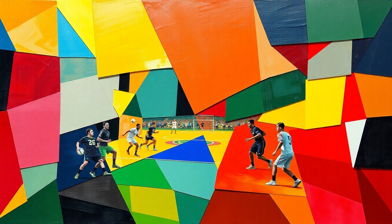 A cubist, geometric painting in bright colors representing a high school sports competition, with overlapping shapes and planes that obscure any specific players or teams.