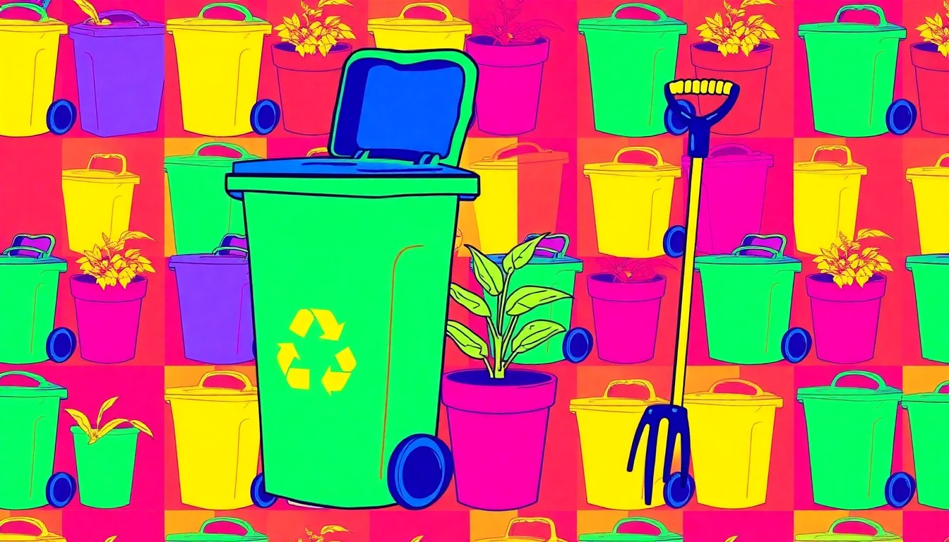 A bold, abstract grid of silkscreened images depicting a recycling bin, potted plant, and trash picker tool in vibrant neon colors, conceptually representing the variety of eco-friendly activities taking place for Earth Day in Stark County.