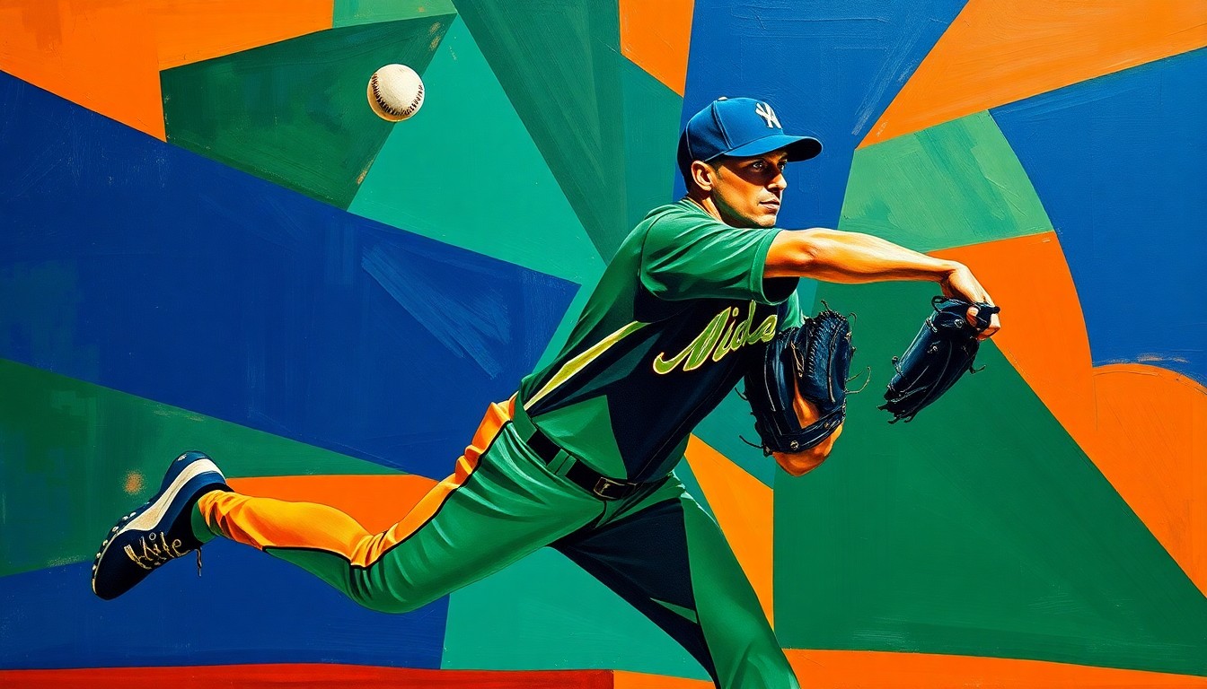 A cubist, geometric painting depicting a baseball pitcher's throwing motion broken down into sharp, overlapping planes of color, conceptually representing the analytical insights a former star player can bring to a sports broadcast.