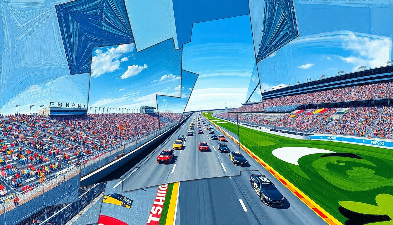 A fractured, geometric painting depicting the motion and competition of a NASCAR race, with sharp planes of color and overlapping shapes representing the speed and intensity of the event.
